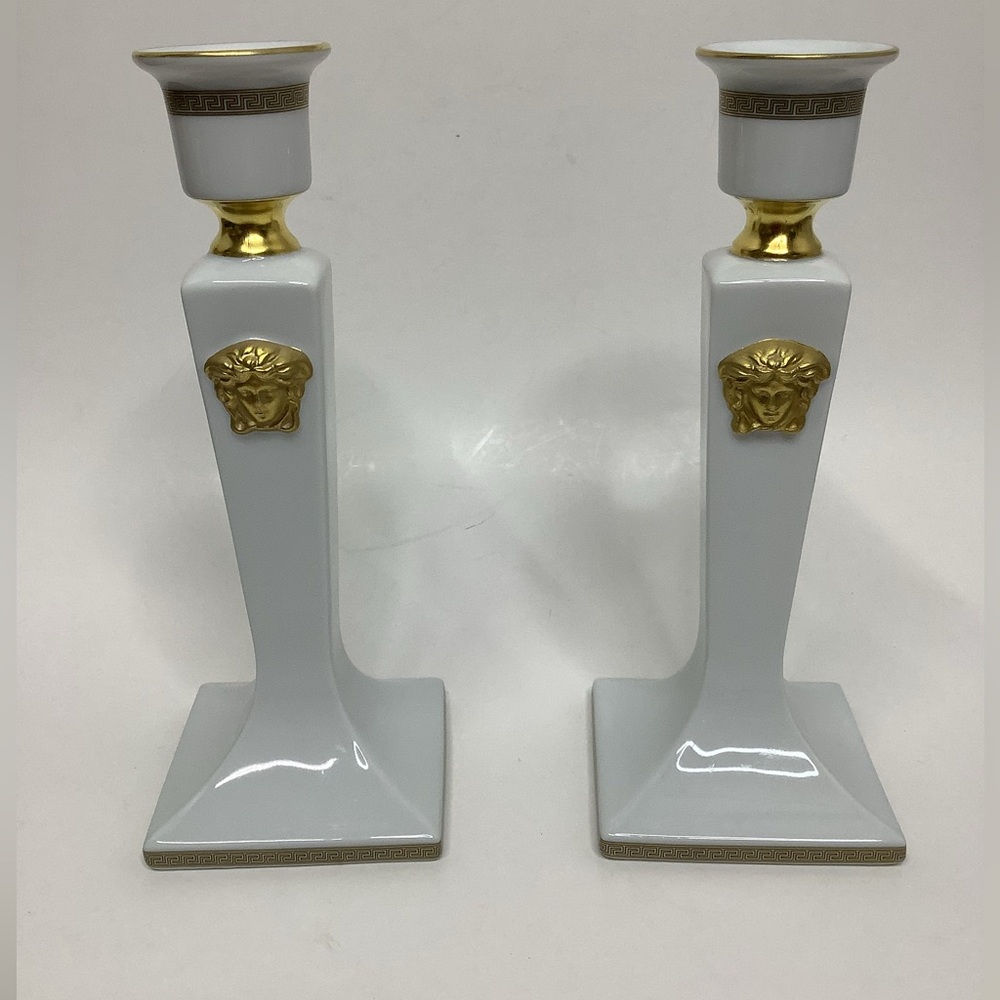 Versace Rosenthal Gorgona Gold White Candle Holders 8” Set Of Two Rare Pair HTF